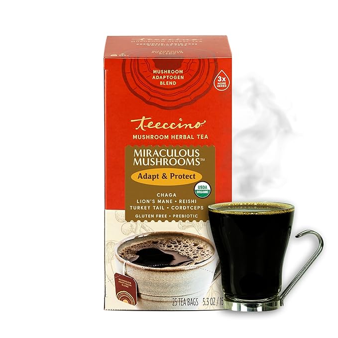 Teeccino Miraculous Mushrooms Adapt & Protect Herbal Tea By Teeccino, 25 Tea Bags - Five Organic Adaptogenic Mushrooms with Chicory & Cacao, 3x More Herbs than Regular Tea Bags, Caffeine Free, Prebiotic - Bloomnest