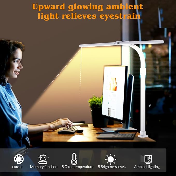 Led Desk Lamp for Home Office,24W Bright Eye-Caring Desk Light with Clamp,5 brightness and 5 temperatures Dimmable Workbench Task Light, Adjustable Gooseneck Table Lamp for Monitor Study(white) - Bloomnest