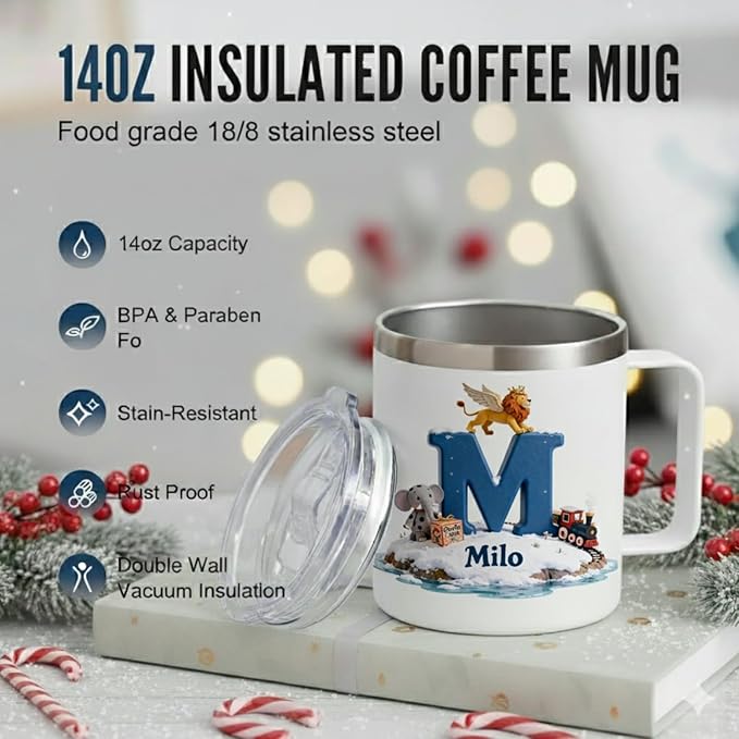 Personalized Kids Hot Chocolate Mug with Custom Name, Magical Lion & Train Christmas Tumbler for Boys & Girls - 14oz Insulated Stainless Steel Cup with Handle & Lid, Unique Holiday (B66) - Bloomnest