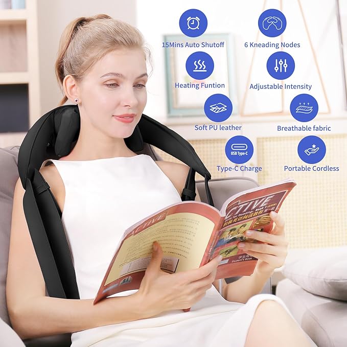 Neck Massager with Heat - Cordless Shiatsu Neck and Back Massager for Pain Relief Deep Tissue, Rechargeable 6D Kneading Brushless Motor Shoulder Massage Gifts for Women Men Home Office Car Christmas - Bloomnest