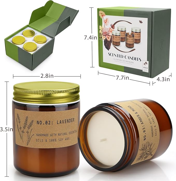 Soy Wax Candle Gift Set, 4 Pack Scented Candles for Home – Sandalwood & Fresh Rose, Lavender, Amber & Moss–Long Lasting Aromatherapy Candles for Stress Relief & Holiday Gifts for Family, Friends - Bloomnest