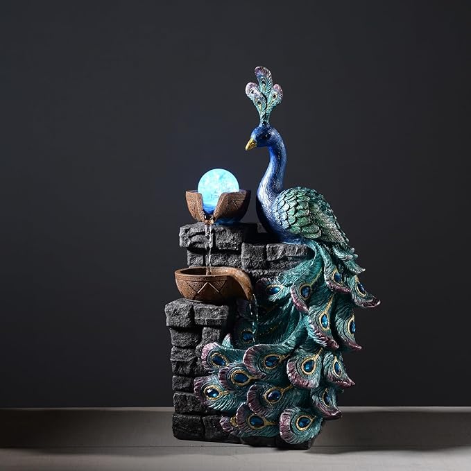 Tabletop Water Fountain Decor, Peacock with LED Glass Color Changing Globe,Relaxation Decorative Desktop Water Zen Fountain for Home/Office,Living Room Décor.13.78" Tall