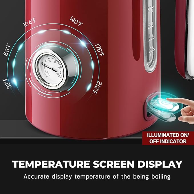 SUSTEAS Electric Kettle - 57oz Hot Tea Water Boiler with Thermometer, 1500W Fast Heating Stainless Steel Pot, Cordless LED Indicator, Auto Shut-Off & Boil Dry Protection, Red - Bloomnest