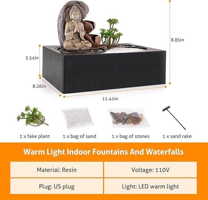 WICHEMI Waterfall Fountains Indoor Water Fountain Tabletop Fountain Zen Garden Buddha Fountain with LED Warm Light for Office Home and Bedroom Desktop Decor - Bloomnest