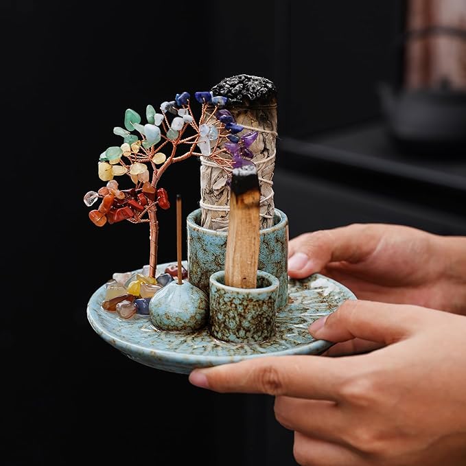 5 in 1 Incense Burner Holder with Crystal Healing Tree, Palo Santo Holder, Sage Holder, Incense Holder for Sticks/Cones/Candles, Ceramic Tray Ash Catcher for Burning Incense, Meditation Gift - Bloomnest