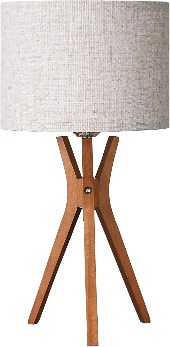 EDISHINE Mid Century Table Lamp, 17.5" Tripod Bedside Lamp with Deep Wood Color Light Base & Beige Linen Lampshade, Nightstand Lamp for Bedroom, Living Room, Reading Room, E26 Base - Bloomnest