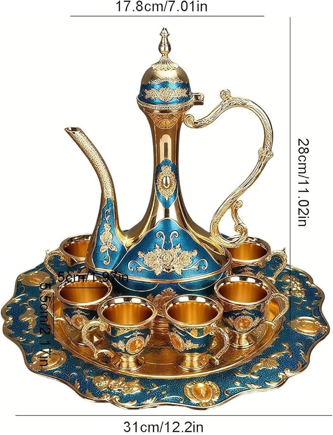Large Vintage Turkish Coffee Pot Set Coffee Service Set Teapot Sets for Adults Home Party Decor Golden Blue