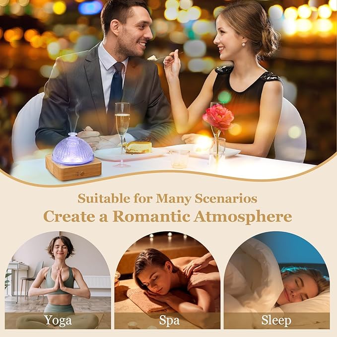Glass Essential Oil Diffuser with Glass Reservoir & WoodBase, 200ml Ultrasonic Lock Color Timer Auto-Off 7 Color Light Aroma Glass Dome Diffuser for Home Office Bedroom Yoga - Bloomnest