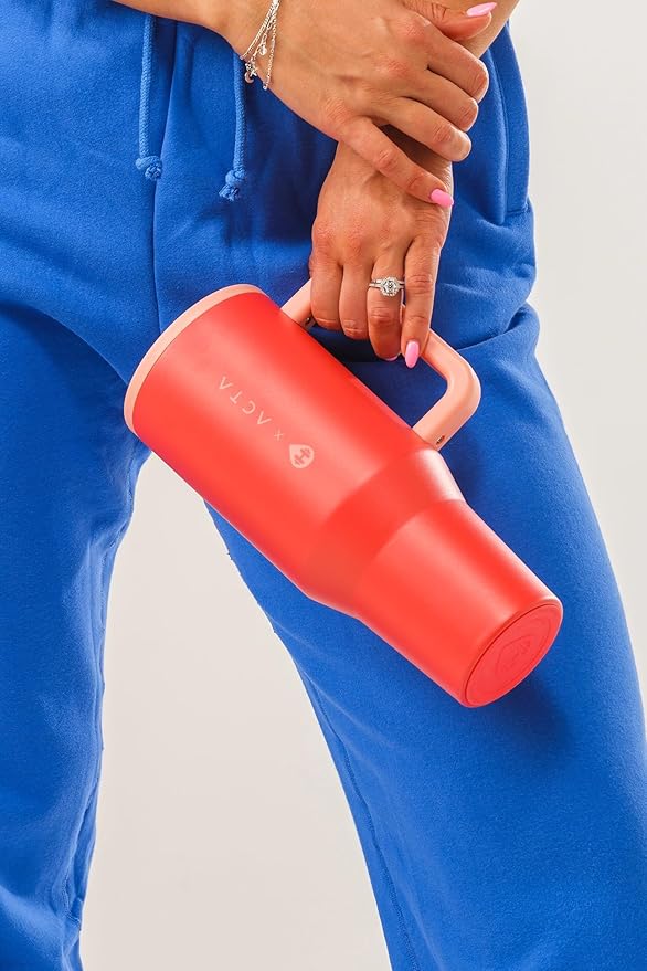 HydroJug Traveler - 40 oz Water Bottle with Handle & Flip Straw - Fits in Cup Holder, Leak Resistant Tumbler-Reusable Insulated Stainless Steel & Rubber Base - Gifts for Women & Men, Peach Pop Hydrojug