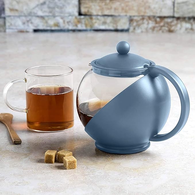 Primula Half Moon Teapot with Removable Infuser, Glass Tea Maker with Reusable Fine Mesh Stainless Steel Filter, Dishwasher Safe, 40-Ounce, Blue - Bloomnest