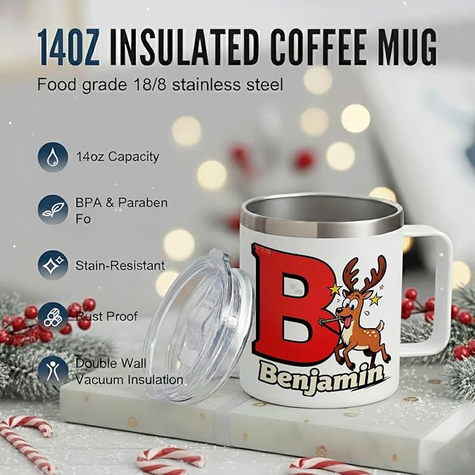 Personalized Christmas Mug with Name Initial - Funny Goofy Reindeer 12oz Insulated Stainless Steel Coffee Cup Tumbler with Handle & Lid - Silly Holiday Xmas Gifts for Kids, Boys, Men, Family (B154) - Bloomnest