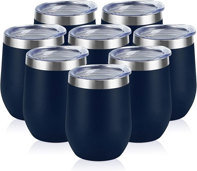8 Pack 12Oz Stainless Steel Wine Tumblers, Insulated Wine Tumbler, Double Wall Insulated Wine Glass, Stainless Steel Stemless Wine Cups with Lids for Coffee, Wine, Cocktails, Champaign, Navy Blue… - Bloomnest