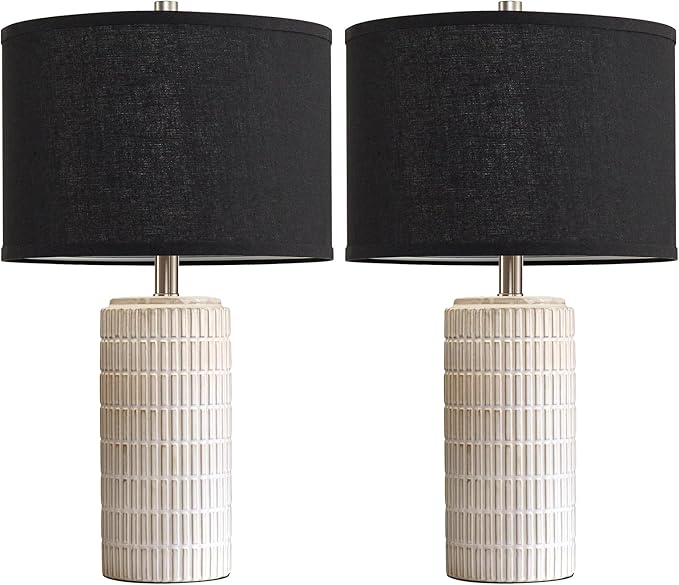 23'' Set of 2 Modern Ceramic Table Lamps, Minimalist Bedside Lamp, Rustic Nightstand End Table Lamp for Bedroom, Living Room, Study Room, Office, 2 LED Bulbs Included (Black) - Bloomnest