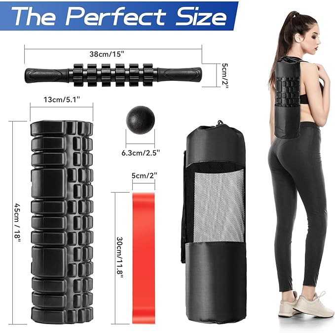 5-in-1 Foam Roller Set, Massage Roller Stick, Massage Ball, Resistance Band for Deep Muscle Massage, Trigger Point Release, Pilates, Yoga (Black-18(5 in 1)) - Bloomnest
