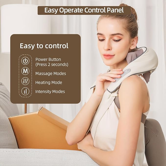 Neck Massager with Heat, Cordless Neck and Shoulder Massage, Rechargeable Shiatsu 6D Kneading Massager for Pain Relief Deep Tissue, Gift for Mom&Dad (Light Beige) - Bloomnest