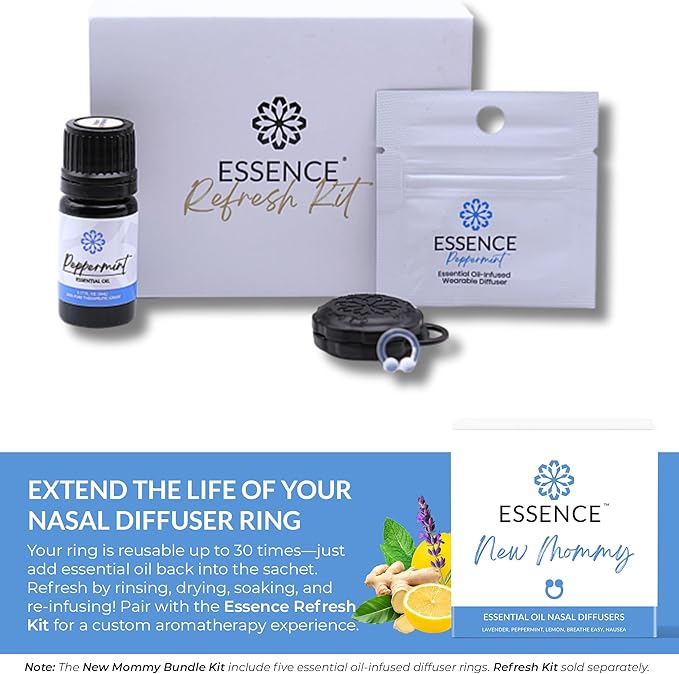 Essence Nasal Diffuser New Mommy Bundle β Essential Oil Silicone Nose Rings for Morning Sickness & Motion Sickness Support β Wearable Blends Pack for Pregnancy & Travel - Bloomnest