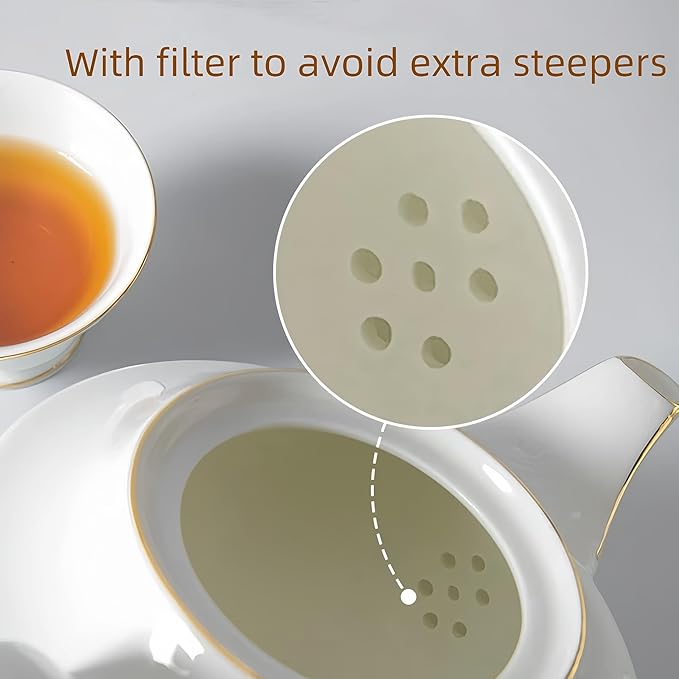 GOMMO Fine Real Bone China Teapot 30oz for Elegant Life Ceramic Tea Kettle (White-Gold)