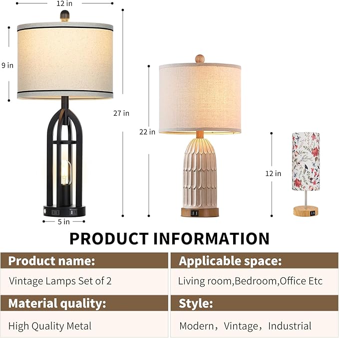 27" Rustic Table Lamps for Living Room - Farmhouse Lamps Set of 2 with USB C+A & Outlet, 3-Way Dimmable Touch Lamps for Night Stands, Vintage Bedside Lamp for End Tables,Bedroom,Bronze - Bloomnest