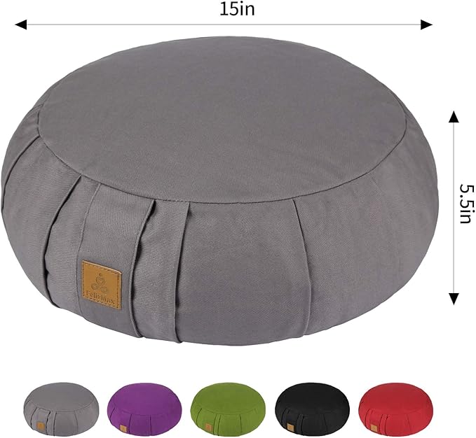 Round Zafu Meditation Cushion, D=15" H=5.5" Zabuton Meditation Pillow, Yoga Bolster/Pillow, Floor seat, Zippered Organic Cotton Cover, Natural Buckwheat, Kneeling Pillow - Bloomnest