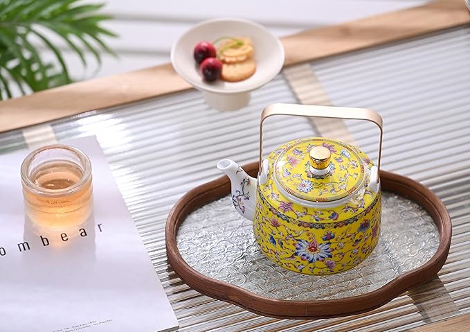 Antique Ceramic Teapot Coffee Pot with Infuser, 400ml (1-2 cups) Small Porcelain Tea Pots for Loose Leaf Tea, with Removable Stainless Steel Strainer and Lid for Gift (Yellow(Handle)) - Bloomnest