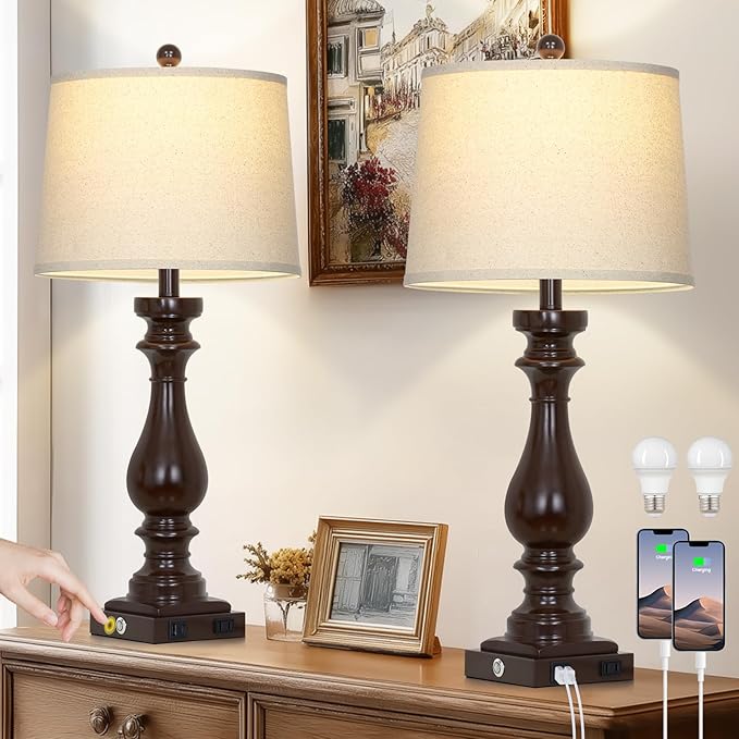 29" Tall Farmhouse Table Lamp for Living Room Set of 2,Vintage Retro Nightstand Lamps with USB C+A Ports & AC Outlet,3-Way Dimmable Touch Bedside Lamp for Bedroom Side Table,Dark Brown - Bloomnest