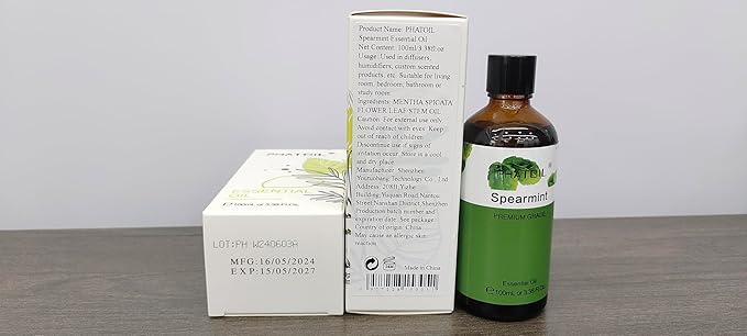 Spearmint 3.38fl.oz Essential Oil, PHATOIL Pure Aromatherapy Oils for Diffuser, Humidifier, Perfect for DIY Soap, Candle, Bath Bombs Making(100ml) PHATOIL