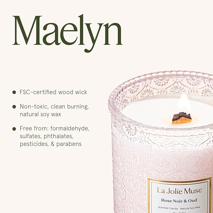 LA JOLIE MUSE Rose Noir & Oud Scented Candle – Lemon, Rose & Oud |19 oz Large Wooden Wick Candle | Natural Soy Wax | 90 Hours Clean Burn | Gift-Ready for Hosts & Gatherings | Elegant Home Décor - Bloomnest