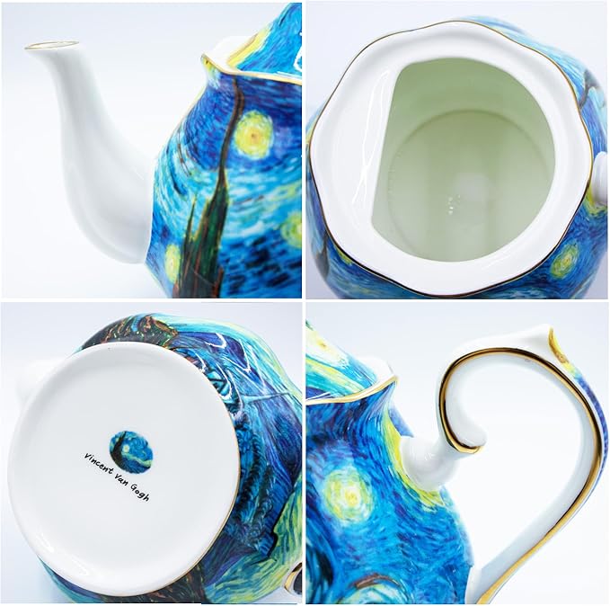 Teapot 30 oz Van Gogh Paintings Bone China Loose Tea Pot Floral Design Vintage Ceramic Coffee Water Pot European Style Porcelain (Starry Sky) - Bloomnest