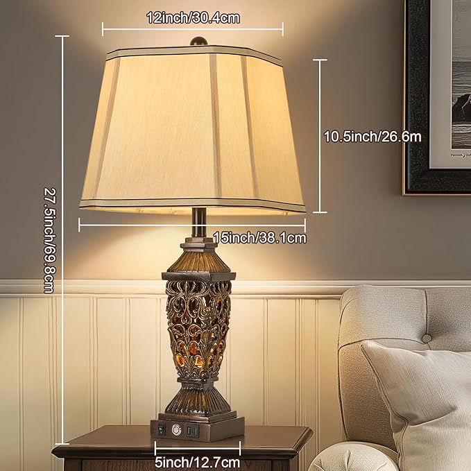 AIDENOEY 27.5“ Farmhouses Table Lamp with USB & USB-C Charging Ports, 3-Color Dimmable & Stepless Bottom Dimming, Touch Control & Switch, Vintage Bedside Lamp for Bedroom Living Room Office,(Brown) - Bloomnest