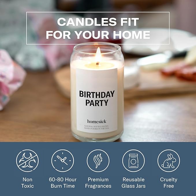 Homesick Scented Candles for Home (Birthday Party) - 13.75 oz Long-Lasting Natural Soy Wax Blend Jar Candle Gifts for Women & Men, 60-80 Hours Burn Time - Notes of Butter, Cream & Vanilla - Bloomnest