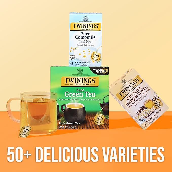 Twinings Pure Camomile Herbal Tea Individually Wrapped Bags, Calming & Delicate, 20 Count (Pack of 6), Naturally Caffeine-Free, Enjoy Hot or Iced, 120 Teabags - Bloomnest