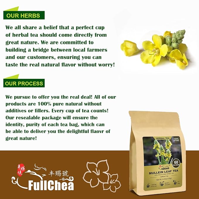 FullChea - Mullein Leaf Tea Bags, 60 Teabags, 2g/bag - Premium Dried Mullein Herbs For Detox & Respiratory Support - Non-GMO - Caffeine-free - Natural Healthy Herbal Tea - Bloomnest