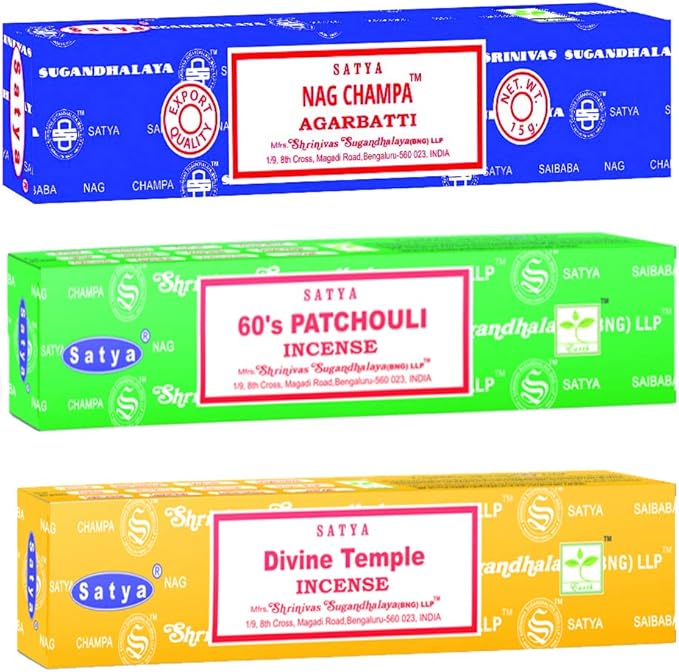 Satya Holistic Mix Incense Sticks 3-Pack Assortment | Slow-Burning, Long-Lasting Nag Champa, 60's Patchouli & Divine Temple (15g Each) Satya