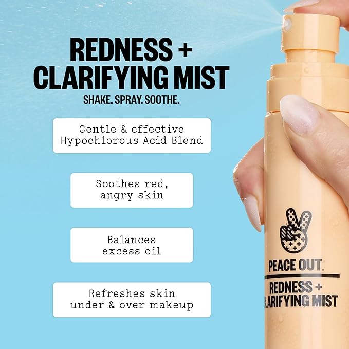 PEACE OUT Redness + Clarifying Mist, Hypochlorous Acid Facial Spray for Acne-Prone Skin, Helps Calm Redness, Control Excess Oil, and Refresh Skin Over and Under Makeup, 3.3 fl oz - Bloomnest