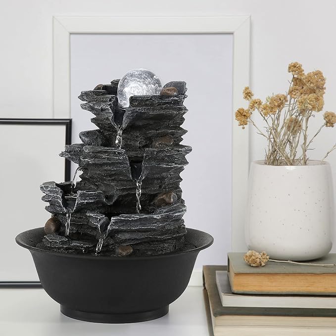 Dyna-Living Tabletop Water Fountain Indoor Waterfalls Fountains with White LED Light Decorative Feng Shui Tabletop Fountain with Automatic Pump - Bloomnest