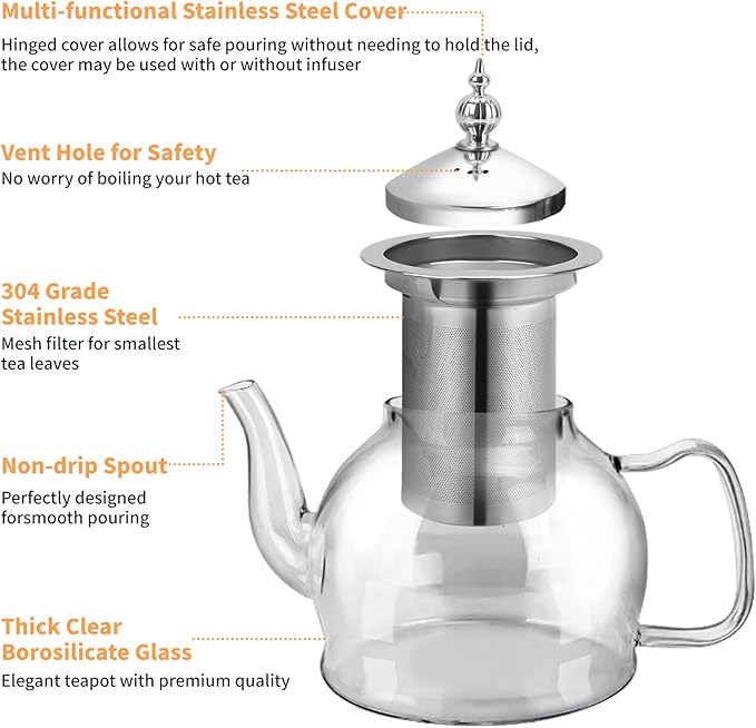 Glass Teapot 40oz/1200ml with Removable Infuser, Borosilicate Clear Tea Kettle, Stovetop Safe Tea Kettle Blooming Loose Leaf Teapots, for Camping, Travel - Bloomnest