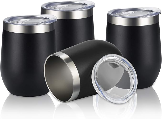 Lifecapido 4 Pack 12Oz Stainless Steel Stemless Wine Glasses, Insulated Wine Tumbler, Stainless Steel Wine Tumbler Cups with Lids and Straws for Coffee, Cocktails, Wine, Champaign, Black… - Bloomnest