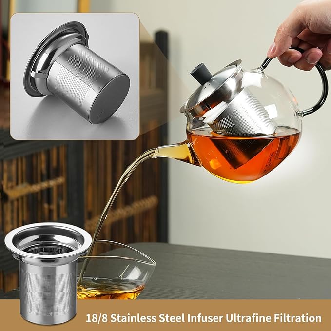 28OZ Glass Teapot with Infuser Stovetop Safe, 800ml Borosilicate Glass Kettle Tea Pot with Infusers tea infuser pot for loose leaf tea, tea Maker brewer, Dishwasher Safe, tetera para te (Clear)