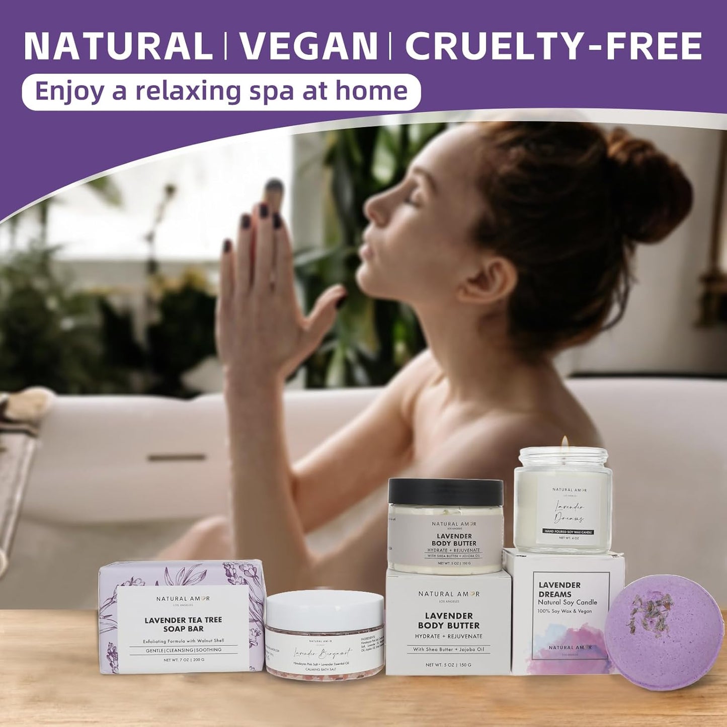 Natural Amor 5-Piece Lavender Spa Gift Set – Bath Bomb, Body Butter, Bar Soap, Bath Salt, Candle – Relaxing Self Care Kit for Women – Gift Box for Birthday, Thank You, Get Well