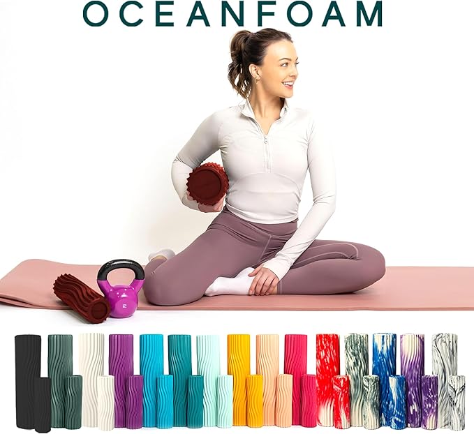 Oceanfoam Ripple Travel Foam Roller (11" x 3.35") Firm Mini Foam Roller for Physical Therapy, Deep Tissue Massage, Back Pain - High Density, Ergonomic Wave Textured - Yoga, Pilates, Exercise (Maroon)