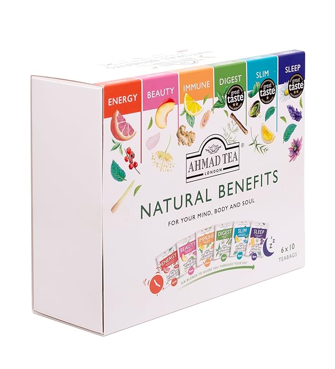Ahmad Tea Natural Benefit Functional Tea Selection Pack | Green teas, Fruit & Herbal Infusions | Perfect herbal tea gift - 60 Teabag Sachets | 6 blends - Bloomnest