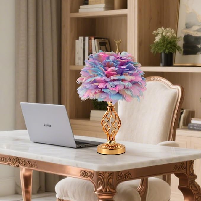 Colorful Feather Lamp Romantic Fluffy Bedside Lamp Creative Table Lamp Cute Goose Feather Nightstand Light for Girl Bedroom Living Room Hotel Office Entry Wedding - Bloomnest