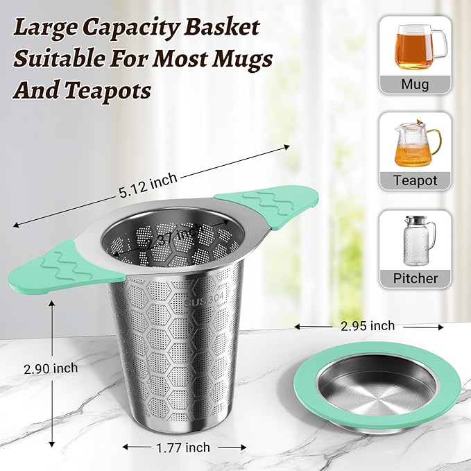 Tea Infuser for Loose Leaf Tea,18/8 Stainless Steel Tea Infuser with Heat Proof Silicone Handles,Extra Fine Mesh Tea Strainers Filter Fine Tea Leaves Effectively,Fits TeaPots/Mugs-Green - Bloomnest
