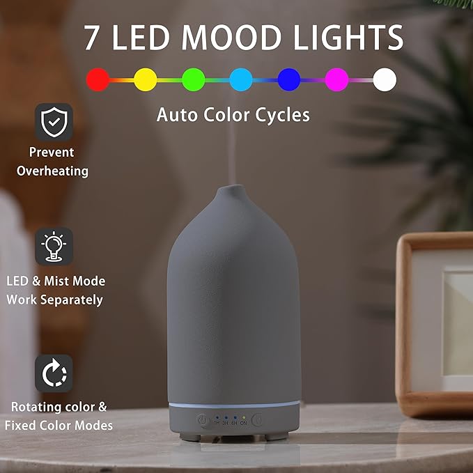 200ML Ceramic Essential Oil Diffuser - Ultrasonic Aromatherapy & Humidifier with 7-Color LED Lights, Auto Shut-Off, Grey, 1H/3H/6H Timer | Scent for Home,Office,Yoga - Bloomnest