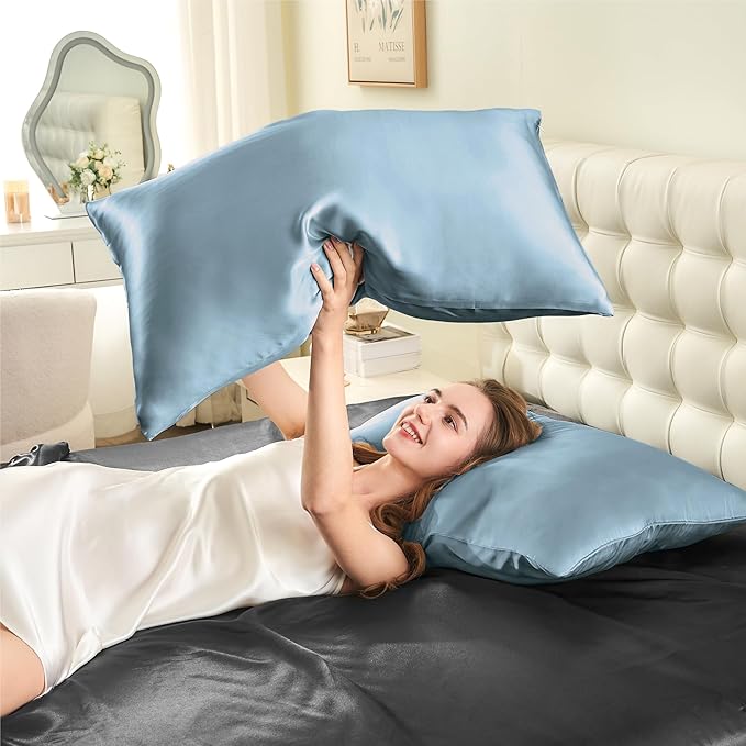 INFIIXSO Mulberry Silk Pillow Cases King Size Set of 2, Silk Pillowcase with Hidden Zipper 20"x36", Extraordinary Smooth and Soft Pillow Case for Hair and Skin(Airy Blue, 2 Pack) - Bloomnest