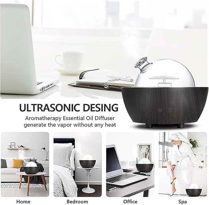 280ml Glass Essential Oil Diffuser Aromatherapy Diffusers Ultrasonic Cool Mist Humidifier with 2 Mist Modes & 7 Color LED Lights and Waterless Auto Shut-Off for Home Office Spa Bedroom,Dark Wood Grain - Bloomnest