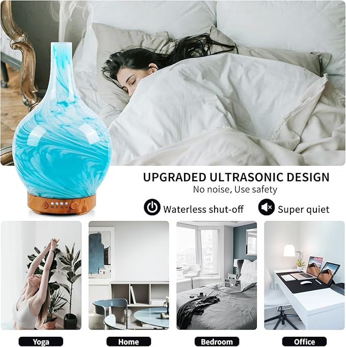 Porseme 150ml Essential Oil Diffuser Glass Color Changing Aroma Air Diffusers Aromatherapy Ultrasonic Cool Mist Humidifier 6 Running Hours Waterless Auto-Off for Sleeping, Yoga, Office, Spa(Blue Wave)