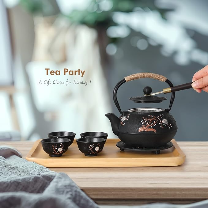 Japanese Style Cast Iron Teapot with 4 Tea Cups Trivet Tetsubin Tea Kettle with Infuser Chinese Tea Set for Adults Iron Tea Pots Black (Magpie and Plum Pattern) - Bloomnest