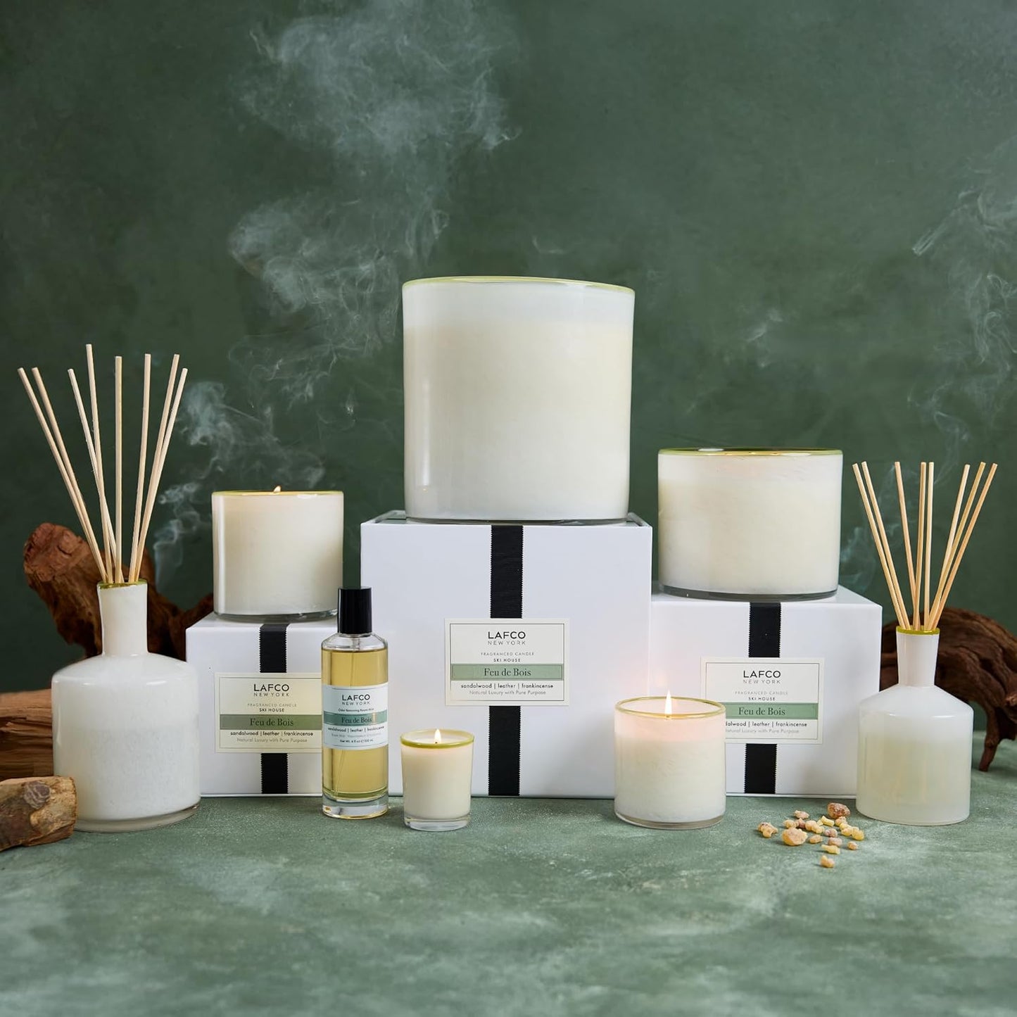 LAFCO New York Signature Candle, Feu de Bois - 15.5 oz - 90-Hour Burn Time - Reusable, Hand Blown Glass Vessel - Made in The USA