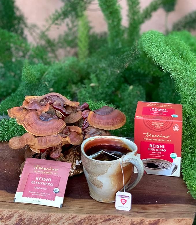 Teeccino Reishi Eleuthero Tea - French Roast - Organic Mushroom Adaptogenic Herbal Tea, 3x More Herbs than Regular Tea Bags, Caffeine Free, Chicory Prebiotic - 10 Tea Bags - Bloomnest